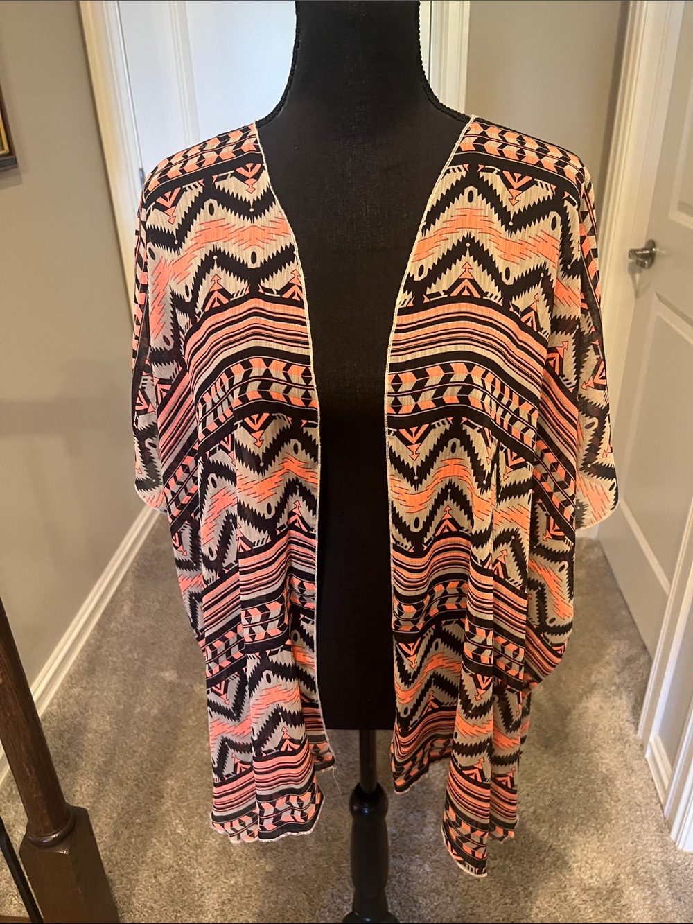 Rue21 Black & Coral Aztec Open-Front Kimono